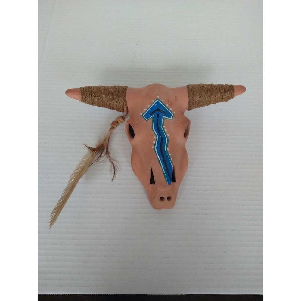 Vintage Terra Cotta Painted Southwestern Native American Steer Skull Wall Decor